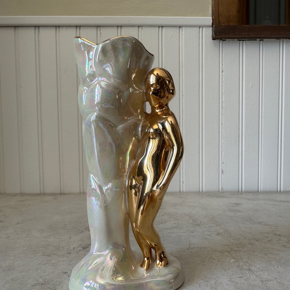 Vintage Art Deco Golden Nude Woman Dancer Iridescent Lusterware Vase EUC 7”